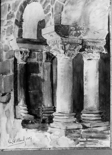 Vue du cloître de Charlieu (Etude de colonnes romanes)