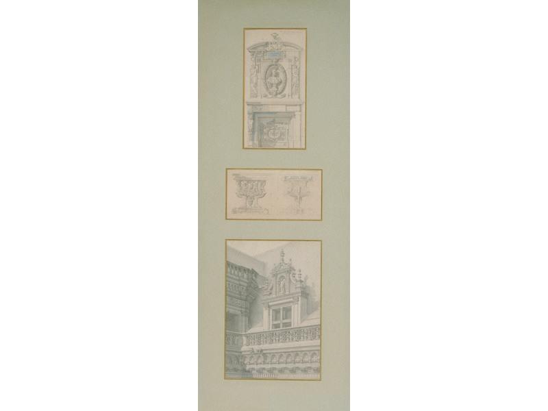 Trois études d'architecture ; Cheminée du château de Villeroy (Titre factice du 1er dessin.) ; Lucarne du château de Blois (Titre factice du 3e dessin.)