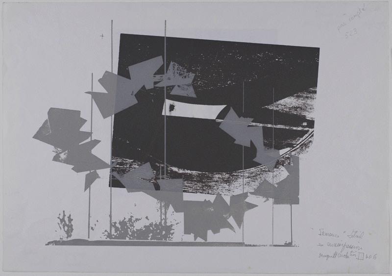 Cahier ombelle : 'Semence' détail en surimpression / maquette modulation sur le carré n° 6 (Recto : titre inscrit sur la sérigraphie) ; Mt. à la Résistance et déportation / épreuve essai / Sérigraphie (Verso : titre inscrit sur l'oeuvre sérigraphiée au verso)