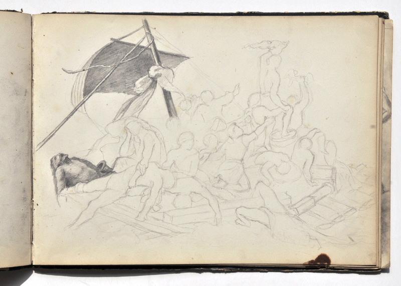 Le Radeau de la Méduse d'après Géricault (Recto du feuillet) ; Etude d'homme en armes (Verso du feuillet)