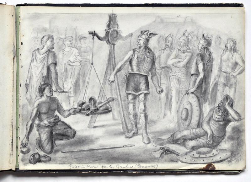 Prise de Rome par les Gaulois (Brennus) (Recto du feuillet) ; Etude d'un personnage agenouillé (en prière) (Verso du feuillet)