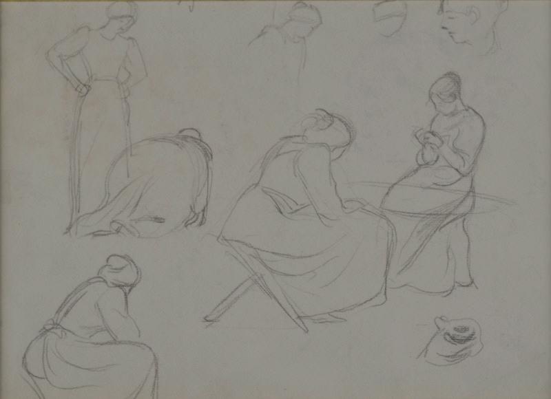 Femme à l'ouvrage (8 esquisses) (recto) ; Femme au hamac et étude de chat (verso)