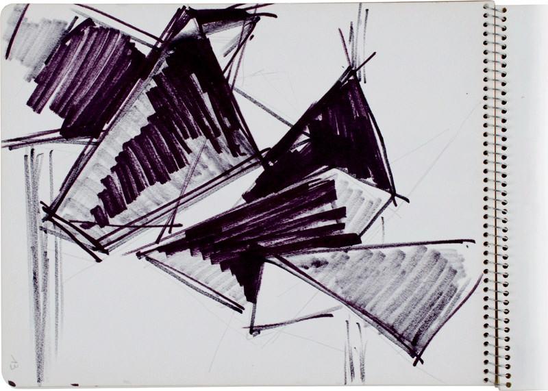 Cahier B 'NOU'  / contient 16 dessins & découpages, 13 ; Modulation sur le carré (Titre 'générique' des sculptures dont s'inspire ce dessin)