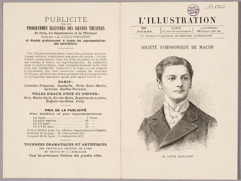 L'Illustration ; M. Louis Rinuccini ; Grand concert par la Société symphonique de Mâcon ; Publicité sur les programmes illustrés des grands théâtres