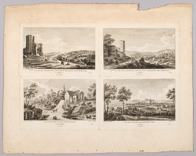 Ière vue d'une ancienne tour d'un château des romains à Autun ; IIème vue d'une ancienne tour d'un château des romains à Autun ; Vue d'un moulin de St Pancrace à Autun ; Vue de l'Abbaye des Bénédictins à Autun
