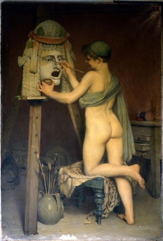 Jeune homme peignant un masque de tragédie