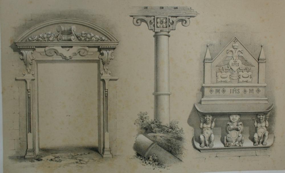 Les missions du Paraguay ». Détails darchitecture. Porte latérale (coté Est) de l'église de San Borja. Colonne en bois de la Galerie (Est) de lEglise de San Borja. Fontaine dans le collège de San Lorenzo. (planche  de l'Atlas du Paraguay de 1860. 2ème livraison).