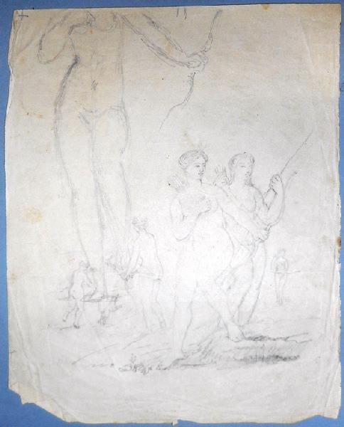 Esquisses au crayon représentant des femmes nues avec des arcs