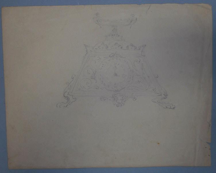 Différents dessins décoratifs et au dos le dessin d'une horloge