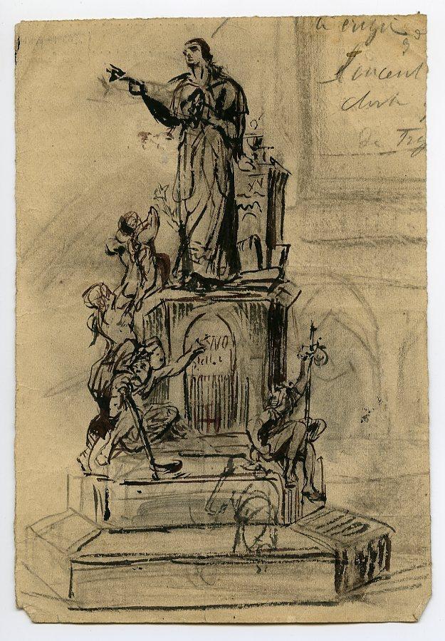 Femme et enfants au pied d'une sculpture (recto) ; Esquisse pour le même sujet (verso)