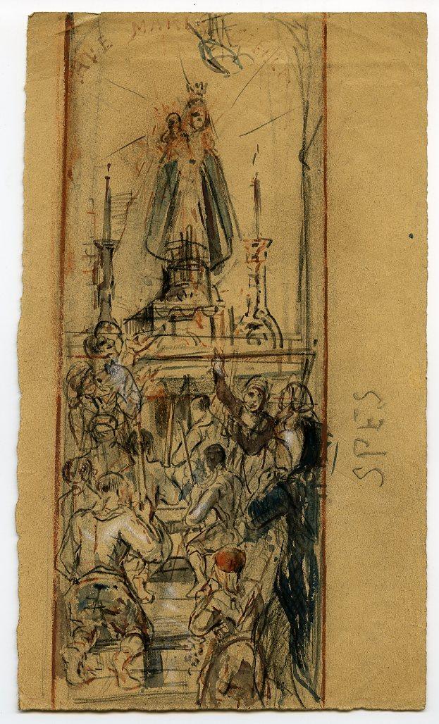 Scène populaire devant une statue de la Vierge