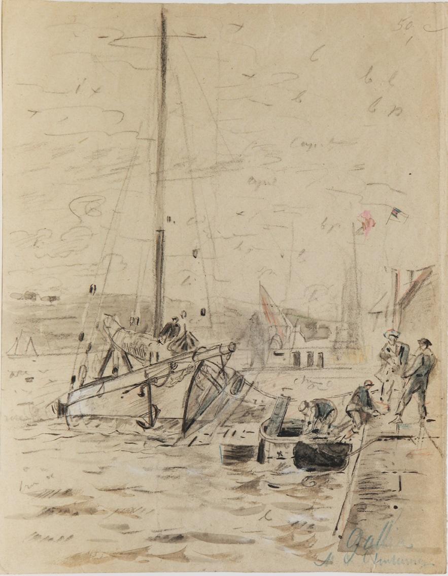 Cotre à quai, voiles ferlées, débarquement des pêcheurs