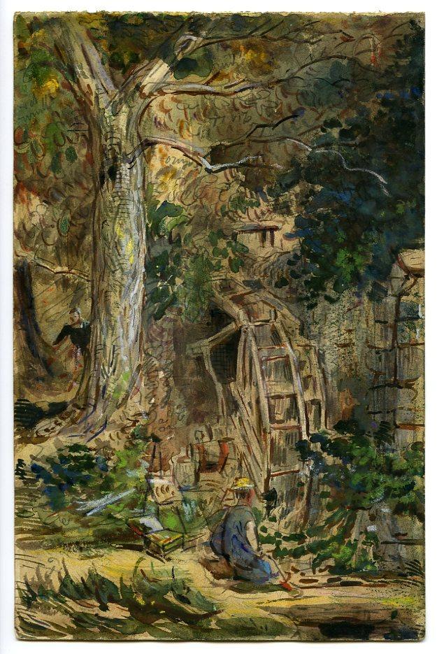 Bouquet d'arbres (13 sept) (recto) ; Roue de moulin et lavandière (verso)
