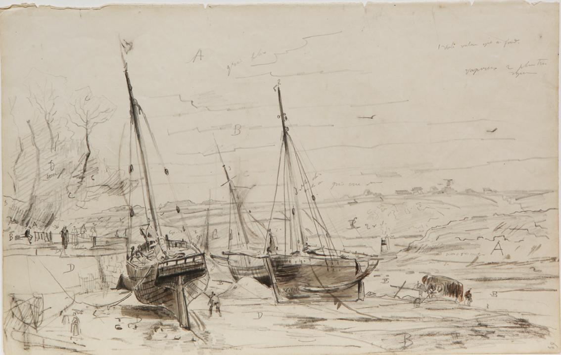 Bateaux échoués à quai et charrette de goémon (recto) ; Sortie d'un corps, au pied de la Roche Jagu (verso)