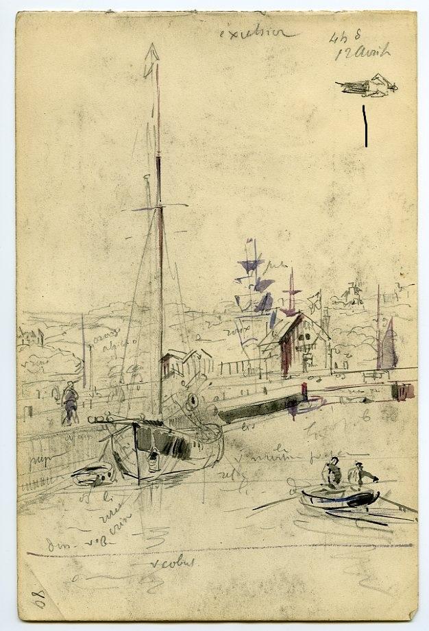 Cotre à quai et annexe avec deux hommes