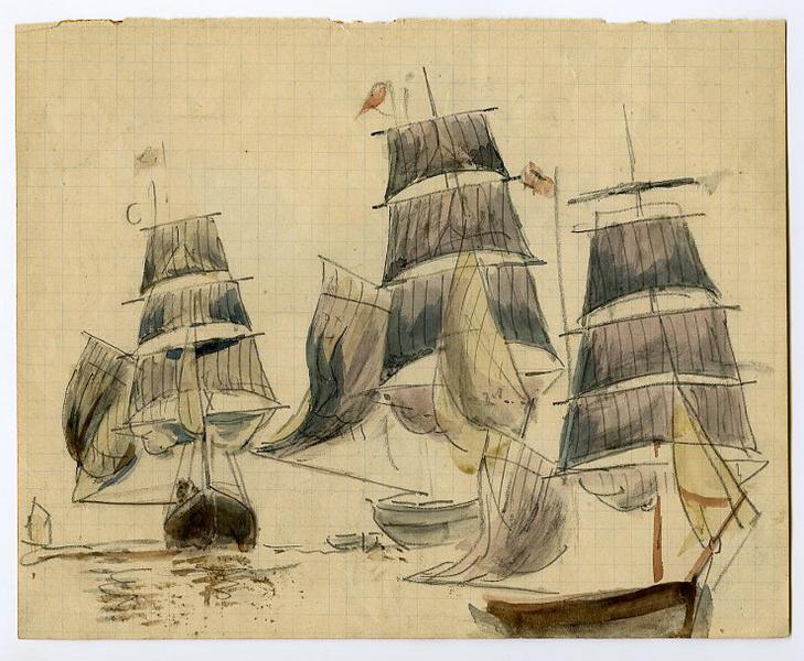 Trois bateaux avec voiles de côté (recto) ; Petit brick (verso)