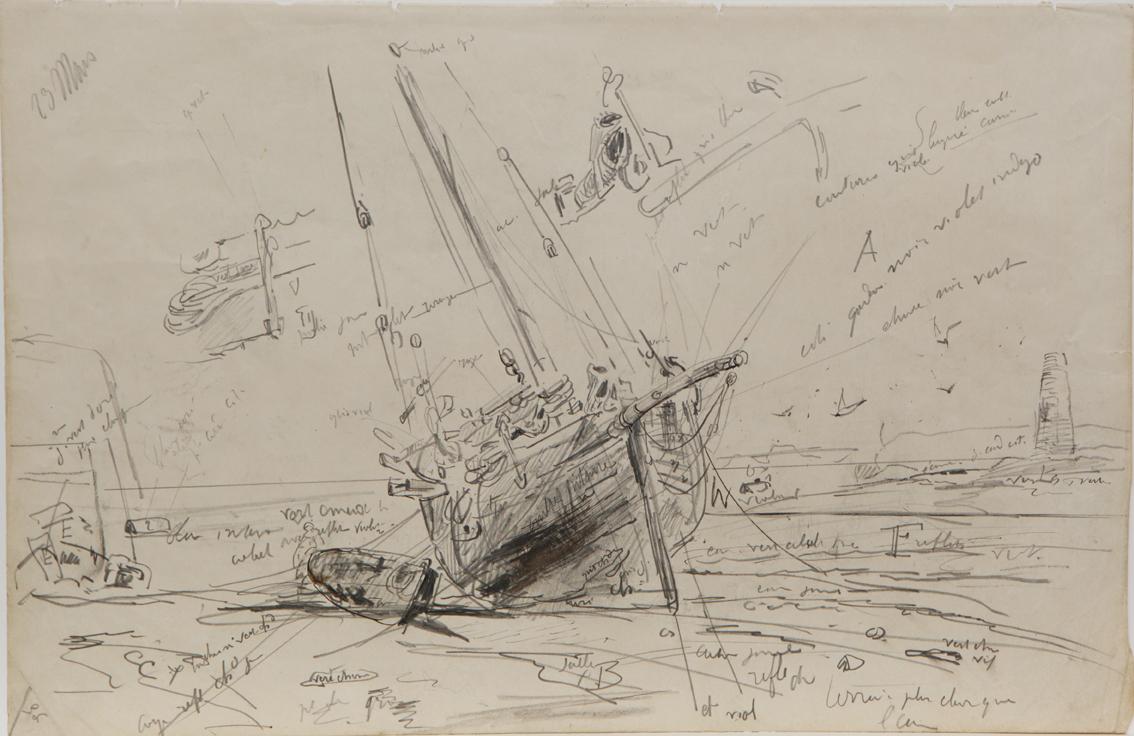 Bateau échoué avec annexe, 29 mars (recto) ; Cotre échoué, hommes sur la grève (verso)