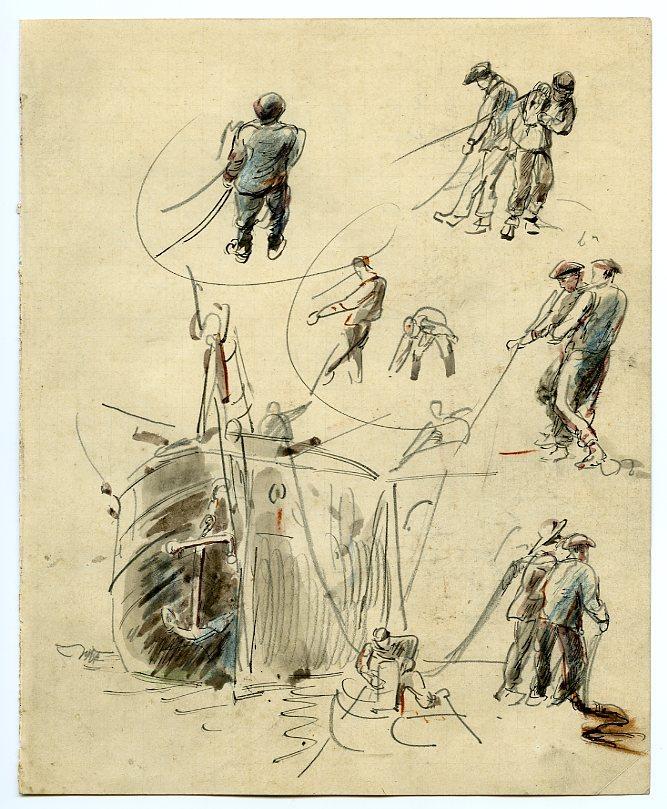 Hommes amarrant à quai (recto) ; Esquisse de paysage (verso)