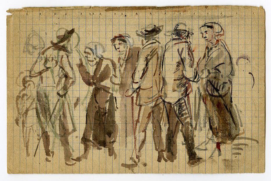 Hommes et femmes en costume du Trégor (recto) ; Esquisse de voiles (verso)