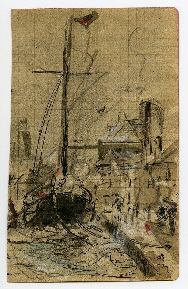 Bateau à quai à marée haute (recto) ; Bateau avec voile semi carguée (verso)
