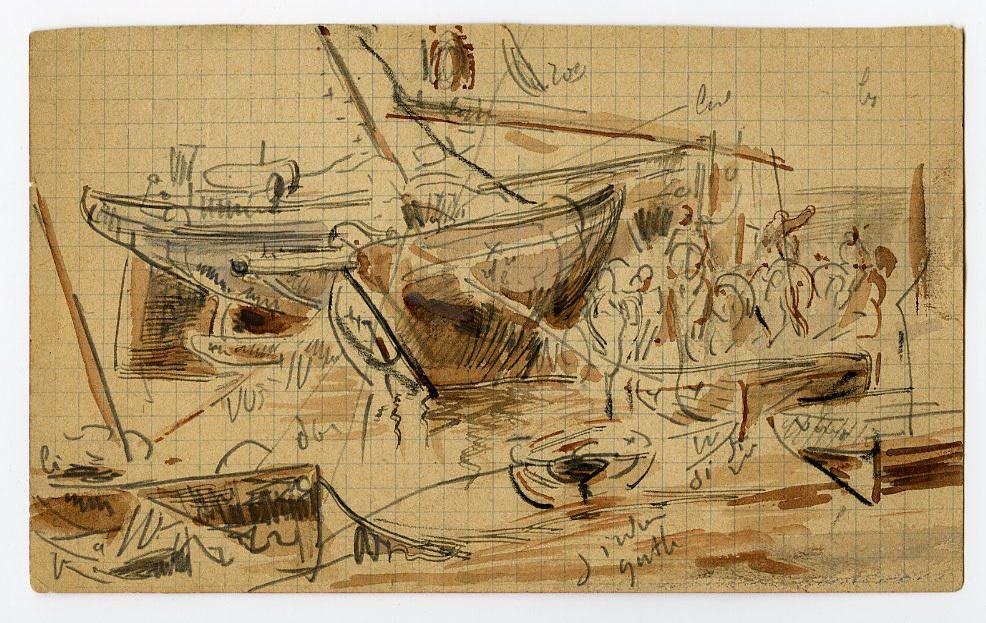 Bateaux à quai échoués (recto) ; Paysage maritime esquissé (verso)