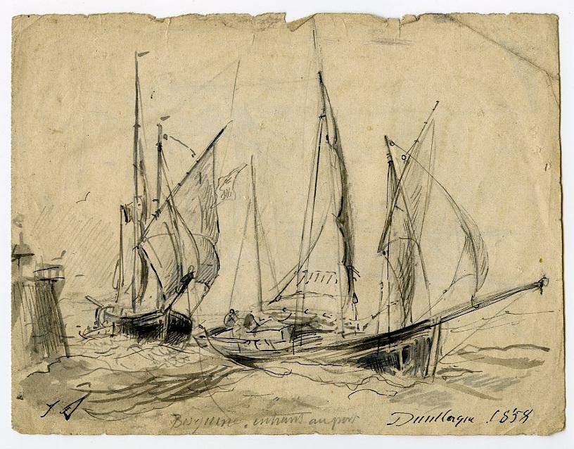 Bisquine entrant au port, Dunkerque 1858 (recto) ; Même bateau et croquis de voile (verso)