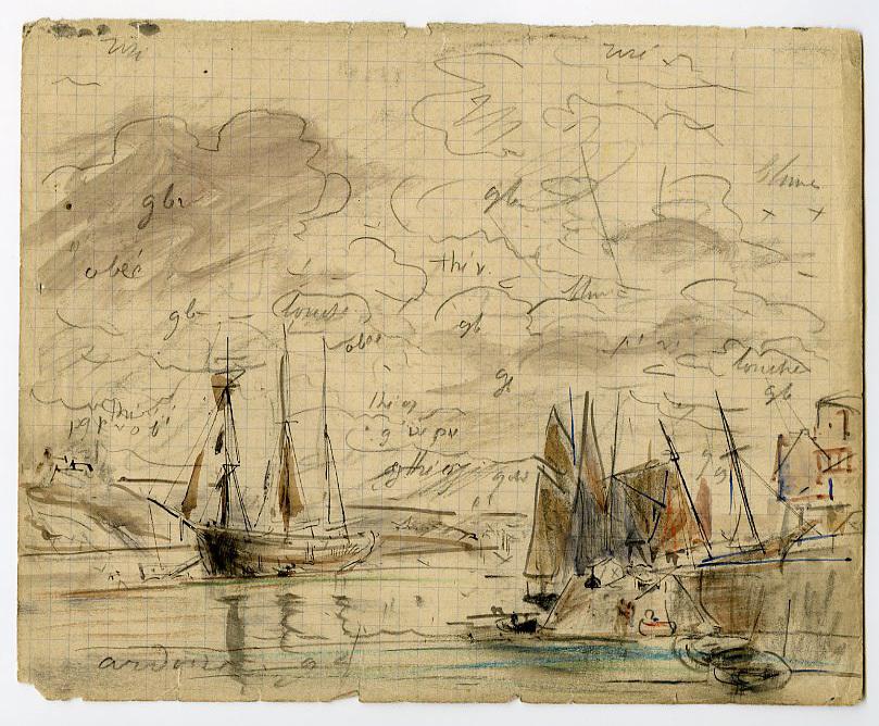 Goélette échouée et cotres à quai (recto) ; Esquisse de paysage, 13 octobre 8h (verso)