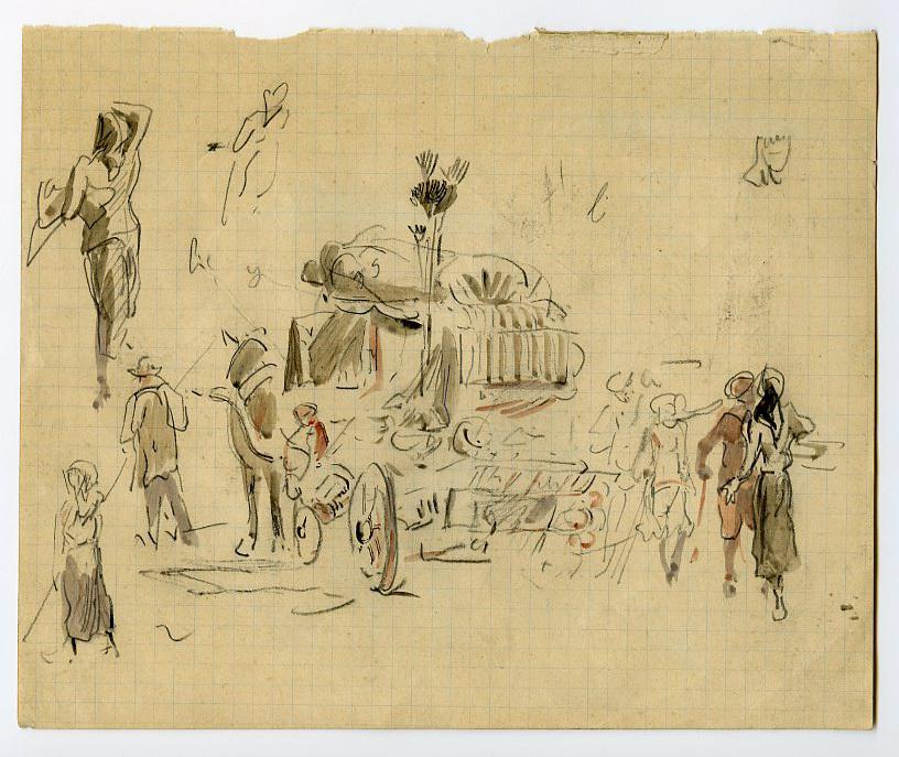 Charrette chargée et personnages (recto) ; Esquisse de goélettes (verso)