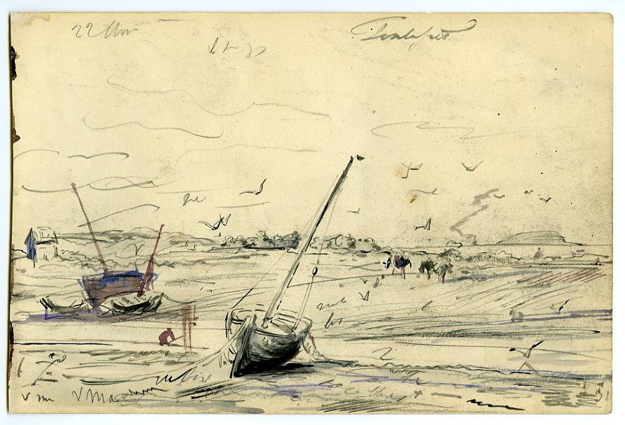 Paysage avec bateaux échoué, côte et ilôt, Poulafret (recto) ; Esquisse de paysage (verso)
