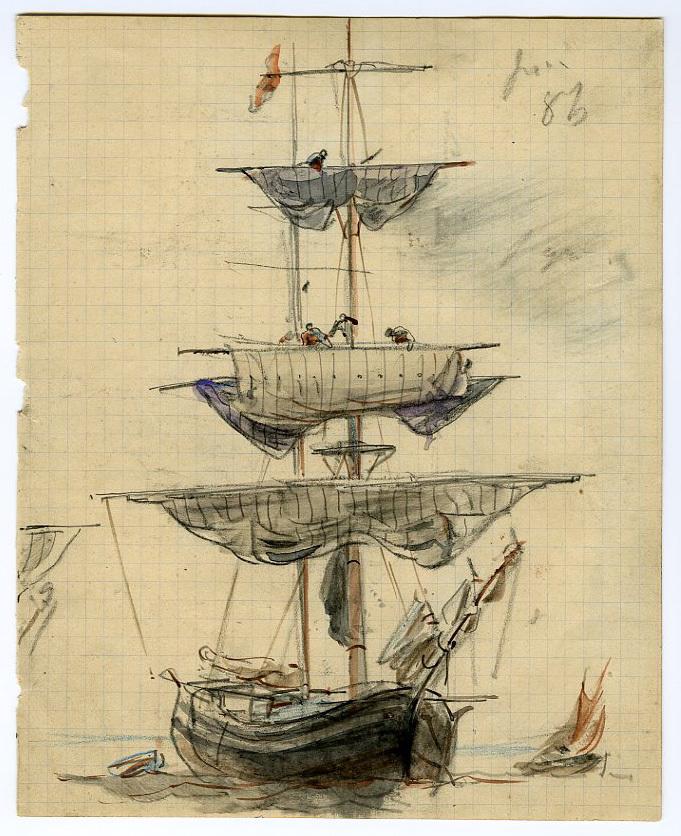 Marins carguant les voiles sur un brick au mouillage (recto) ; Affalement des voiles (verso)