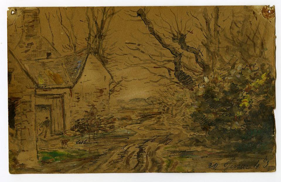 Ferme le long du chemin en hiver (recto) ; Paysage avec maison (verso)