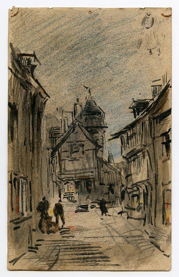 Rue de bourg trégorrois (recto) ; Esquisse de bateau (verso)
