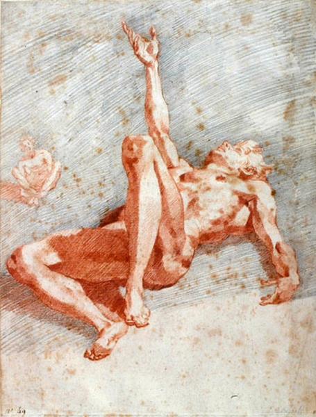 Homme nu étendu à terre, le bras droit levé