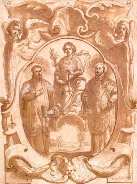 La Vierge tenant une balance entourée de deux saints