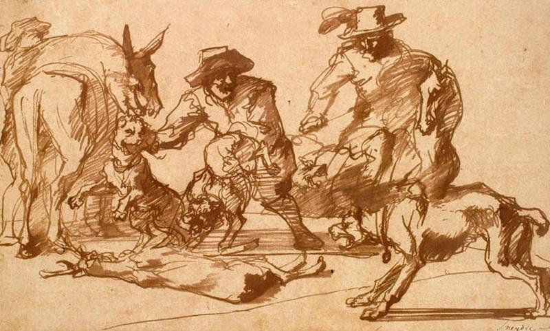 Chasseurs défendant leur gibier contre des chiens