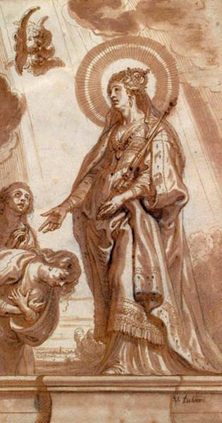 Sainte Constance ; Sainte ou la Vierge, aux pieds de laquelle est un homme à genoux