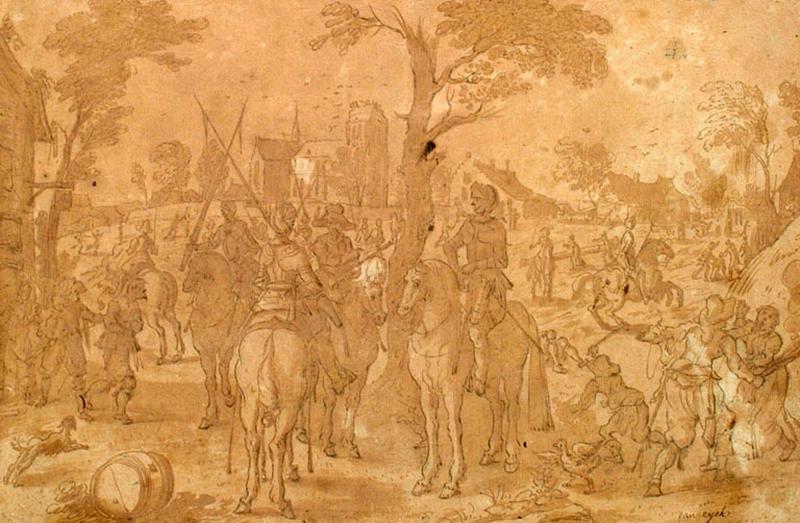 Sac d'un village, guerriers à cheval