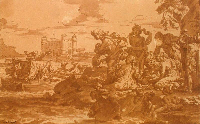 Fête ; Homme et femme regardant passer une barque