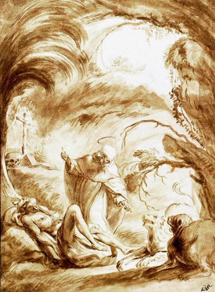 Deux lions aidant Saint Antoine Abbé à enterrer le corps de Saint Paul Ermite