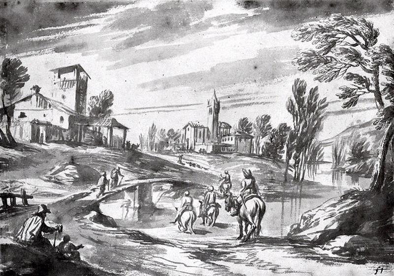 Paysage avec des cavaliers traversant une rivière