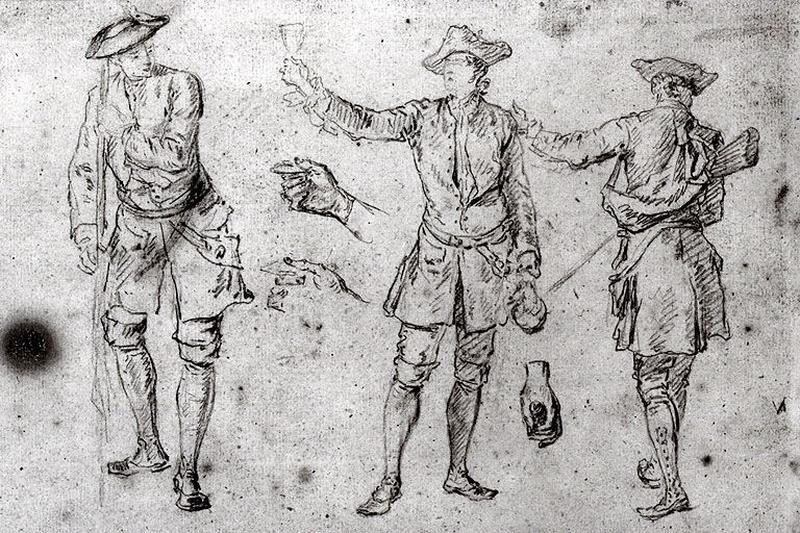 Trois chasseurs et deux études de mains ; Hommes