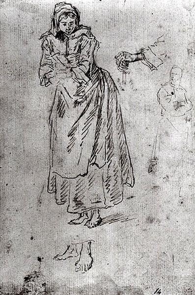 Femme debout, étude de main et de pieds