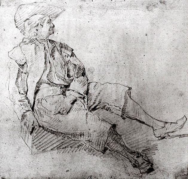 Soldat assis sur une pierre (recto) ; Etude de vêtements (verso)