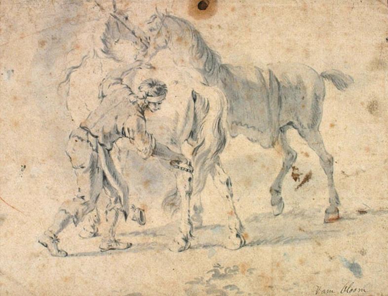 Palefrenier étrillant un cheval