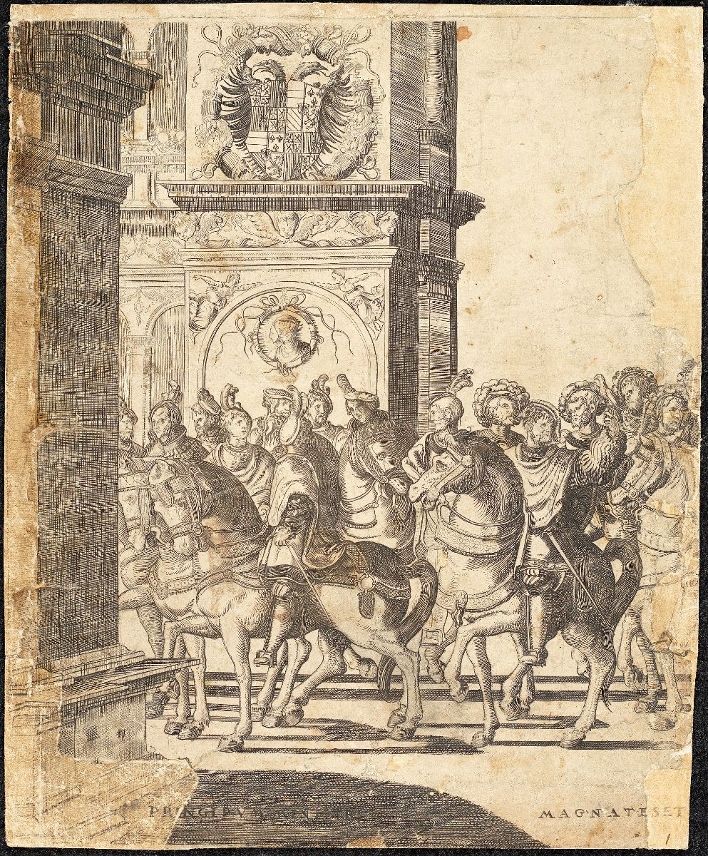 L'entrée de Charles V et de Clément VII à Bologne (01) : La procession passant sous un arc de triomphe
