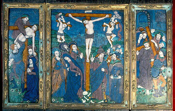 Crucifixion (Panneau central) ; Montée au Calvaire (Sur un volet) ; Descente de croix (Sur un volet)
