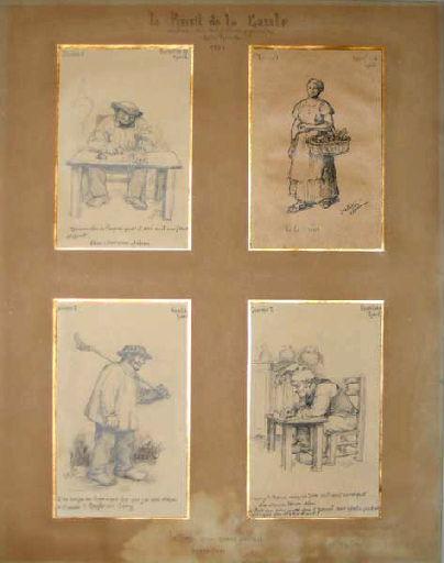 Lettres d'un vieux païsan berrichon ; Homme assis de face (Titre factice Première vignette) ; Femme debout portant panier (Titre factice Deuxième vignette) ; Homme de profil marchant à droite (Titre factice Troisième vignette) ; Homme assis de profil (Titre factice Quatrième vignette)