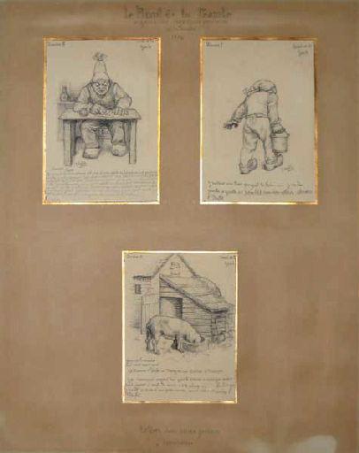 Lettres d'un vieux païsan berrichon ; Homme assis de face (Titre factice Première vignette.) ; Homme marchant à droite (Titre factice Deuxième vignette.) ; Truie (Titre factice Troisième vignette.)