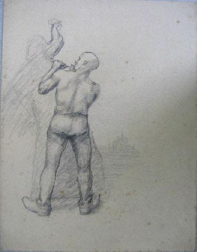 Homme à nudité sculptant un coq (Titre factice)