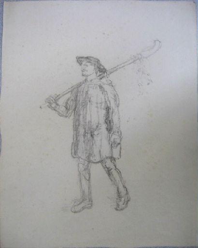 Homme vêtu d'une blouse et coiffé d'un chapeau rond (Titre factice)